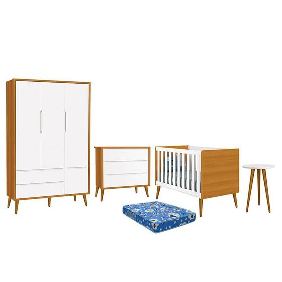 Imagem de Dormitório Infantil Theo Retrô 3 Portas, Cômoda, Berço, Mesa de Apoio com Pés Amadeirado e Colchão - Reller Móveis