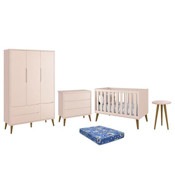 Imagem de Dormitório Infantil Theo Retrô 3 Portas, Cômoda, Berço, Mesa de Apoio Rosa com Pés Amadeirado e Colchão - Reller Móveis