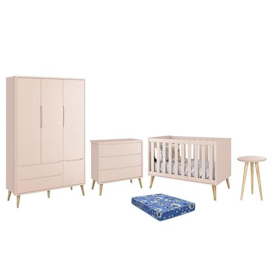 Imagem de Dormitório Infantil Theo Retrô 3 Portas, Cômoda, Berço, Mesa de Apoio Rosa Fosco com Pés Madeira Natural e Colchão - Reller Móveis