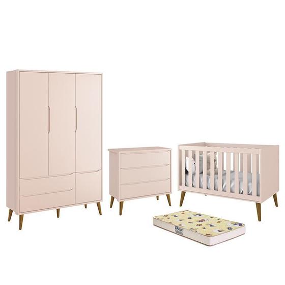 Imagem de Dormitório Infantil Theo Retrô 3 Portas, Cômoda, Berço Rosa Fosco com Pés Amadeirado e Colchão D18 - Reller Móveis