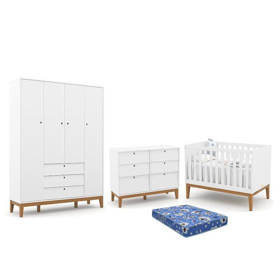 Imagem de Dormitório Infantil Unique 4 Portas, Cômoda 6 Gavetas, Berço e Colchão - Matic Móveis