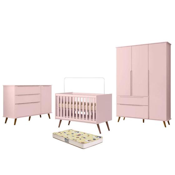 Imagem de Dormitório Melinda Guarda Roupa, Cômoda e Berço Retrô com Colchão Supreme - Phoenix Baby