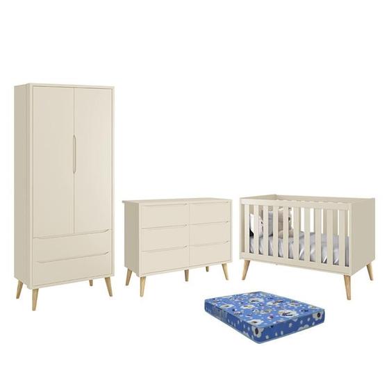 Imagem de Dormitório Theo 2 Portas, Cômoda 6 Gavetas, Berço com Pés Madeira Natural e Colchão - Reller Móveis