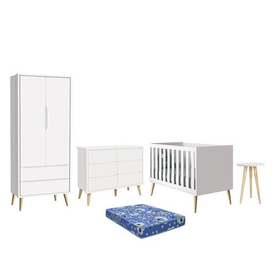 Imagem de Dormitório Theo 2 Portas, Cômoda 6 Gavetas, Berço, Mesa de Canto Branco Fosco com Pés Madeira Natural e Colchão - Reller Móveis