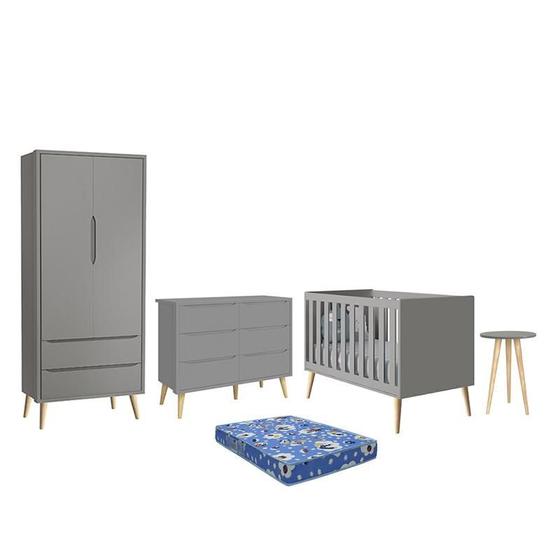 Imagem de Dormitório Theo 2 Portas, Cômoda 6 Gavetas, Berço, Mesa de Canto Cinza Fosco com Pés Madeira Natural e Colchão - Reller Móveis