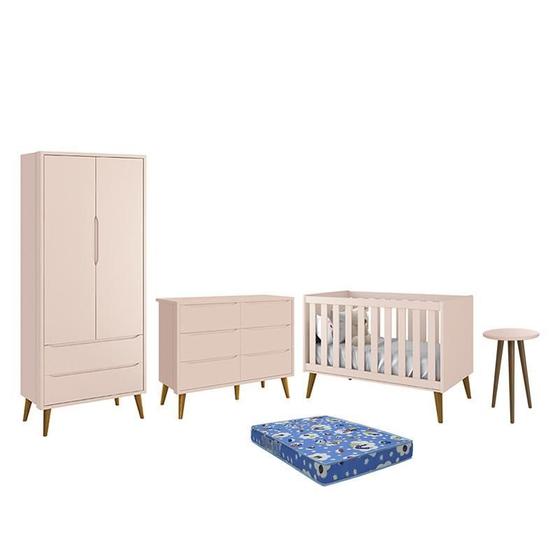 Imagem de Dormitório Theo 2 Portas, Cômoda 6 Gavetas, Berço, Mesa de Canto Rosa Fosco com Pés Amadeirado e Colchão - Reller Móveis