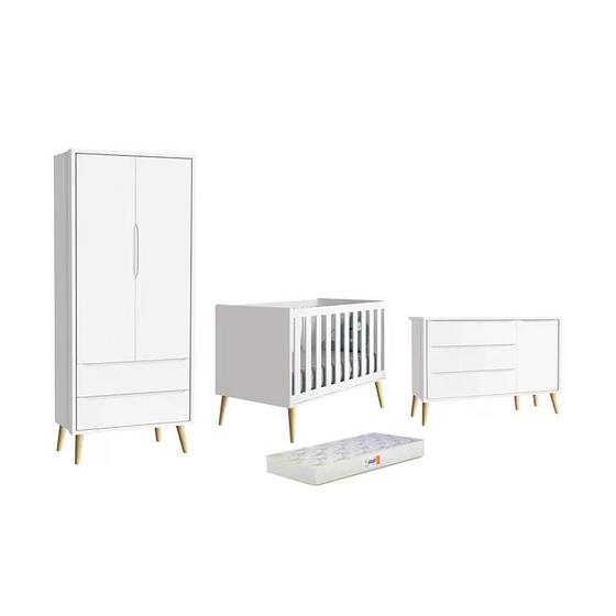 Imagem de Dormitório Theo 2 Portas, Cômoda com Porta Branco com Pés Madeira Natural e Colchão D18 - Reller Móveis