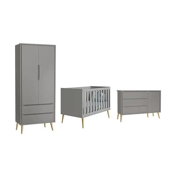 Imagem de Dormitório Theo 2 Portas e Cômoda 1 Porta Cinza com Pés Madeira Natural - Reller Móveis