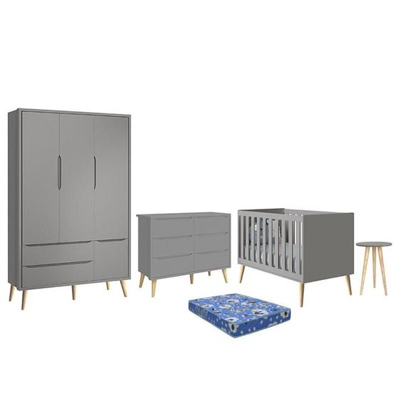 Imagem de Dormitório Theo 3 Portas, Cômoda 6 Gavetas, Berço, Mesa de Canto Cinza Fosco com Pés Madeira Natural e Colchão - Reller Móveis