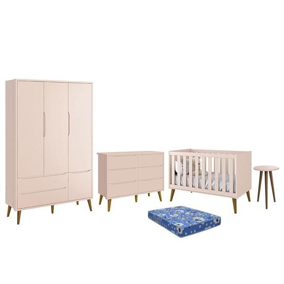 Imagem de Dormitório Theo 3 Portas, Cômoda 6 Gavetas, Berço, Mesa de Canto Rosa Fosco com Pés Amadeirado e Colchão - Reller Móveis