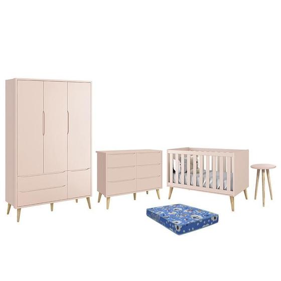 Imagem de Dormitório Theo 3 Portas, Cômoda 6 Gavetas, Berço, Mesa de Canto Rosa Fosco com Pés Madeira Natural e Colchão - Reller Móveis