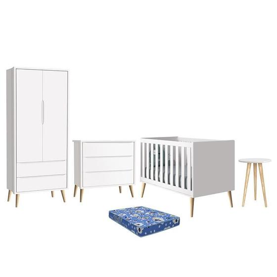 Imagem de Dormitório Theo Retrô 2 Portas, Cômoda, Berço, Mesa de Apoio Branco Fosco com Pés Madeira Natural e Colchão - Reller Móveis