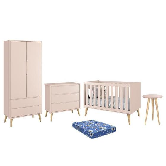 Imagem de Dormitório Theo Retrô 2 Portas, Cômoda, Berço, Mesa de Apoio Rosa Fosco com Pés Madeira Natural e Colchão - Reller Móveis