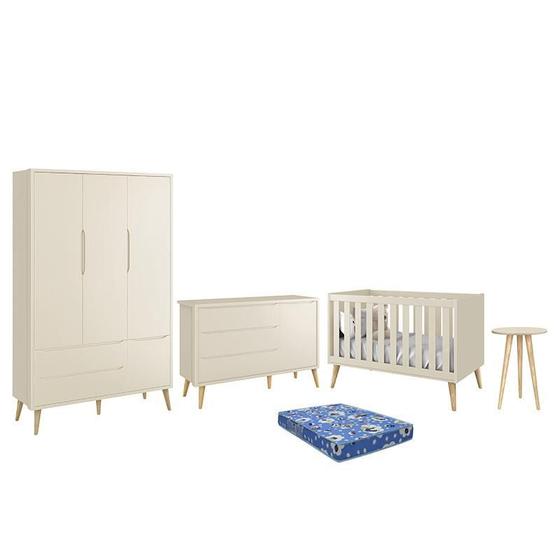 Imagem de Dormitório Theo Retrô 3 Portas, Cômoda 1 Porta, Berço, Mesa de Apoio com Pés Madeira Natural e Colchão - Reller Móveis