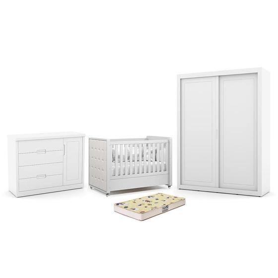 Imagem de Dormitório Tutto New 2 Portas, Cômoda 1 Porta e Berço com Capitonê e Colchão Supreme - Matic Móveis