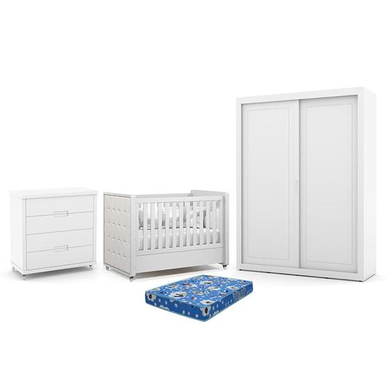 Imagem de Dormitório Tutto New 2 Portas, Cômoda 4 Gavetas e Berço com Capitonê e Colchão Physical - Matic Móveis