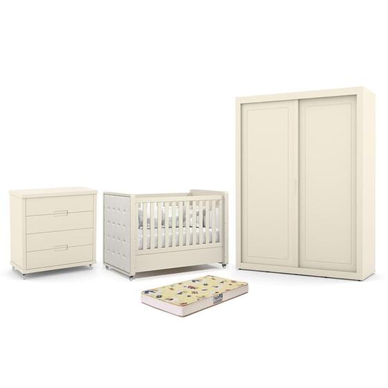Imagem de Dormitório Tutto New 2 Portas, Cômoda 4 Gavetas e Berço com Capitonê e Colchão Supreme - Matic Móveis
