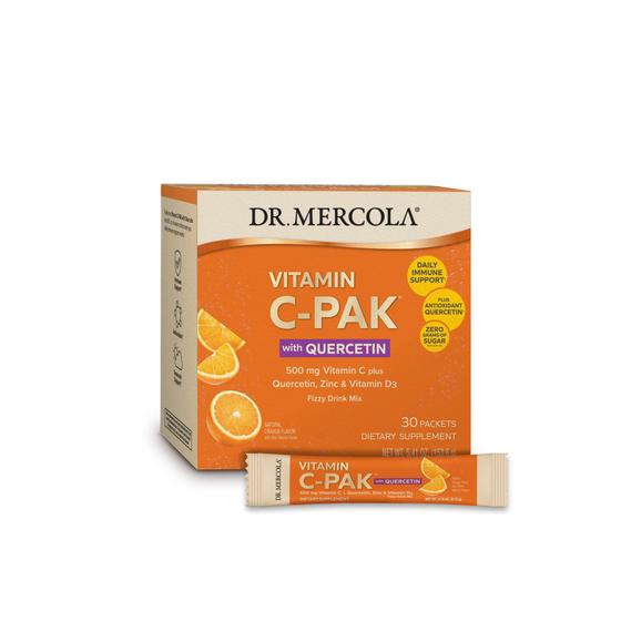 Imagem de Dr. Mercola Vitamina C-PAK com quercetina, 500 mg de vitamina C mais quercetina, zinco e vitamina D3 Drink Mix, 30 porções (30 pacotes), não OGM, sem glúten, sem soja