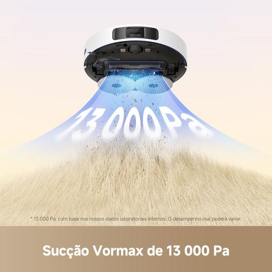 Ilustração técnica do robô aspirador Dreame L40 demonstrando a força de sucção de 13000 Pa em uma superfície