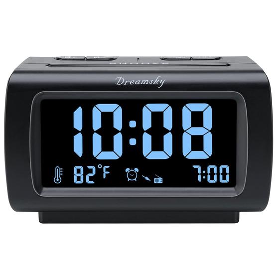 Imagem de DreamSky Alarm Clock Radio FM com porta USB para quarto, display de 1,2 polegadas de dígito azul com 0%-100% dimmer, temperatura, soneca, volume de alarme ajustável, temporizador de sono, 12/24H