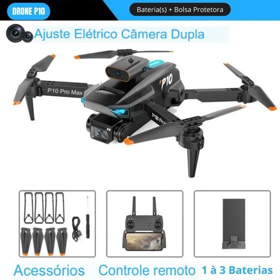 Imagem de Drone P10 Pro Kit 1 à 3 Baterias Anti-Obstáculos Com 2 Câmeras 4KHD Manobras