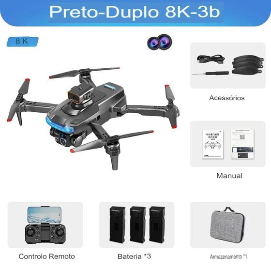 Imagem de Drone P15 Pro - Kit Até 3 Baterias, 8K, GPS, Câmera Dupla, Evitar Obstáculos, Sem Escova, 9000m, 5G