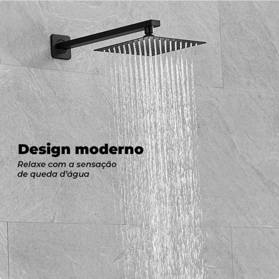 Imagem de Ducha Chuveiro Preto Fosco 25x25 Slim Aço Inox quadrado Braço suporte de parede banheiro