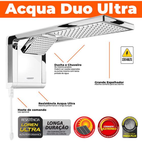 Imagem de Ducha E Chuveiro Para Aquecedor Solar e a Gas Branco Com Cromado Acqua Duo Ultra 220v 7800w