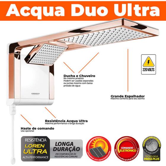 Imagem de Ducha Ou Chuveiro Gourmet Quadrado de Luxo Branco Rosa Acqua Duo Ultra 220v 7800w