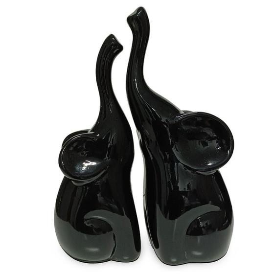 Imagem de Dupla Casal de Elefantes Estatueta Escultura Enfeite decoração rack estante sala mesa ceramica cor preto