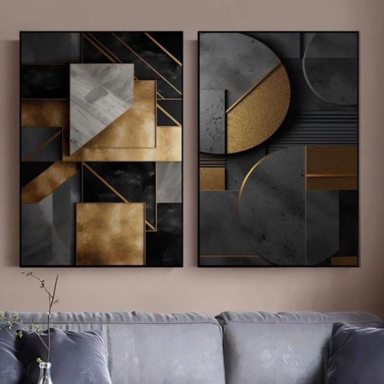 Imagem de Dupla de quadros decorativos de alto padrão- arte abstrata moderna dourada com preto