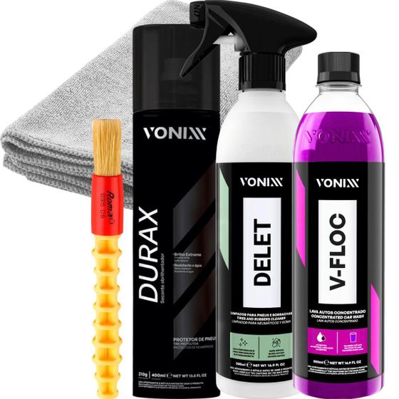 Imagem de Durax 400ML Spray Pretinho Brilho Extremo Selante Delet 500ML Vfloc 500ML Vonixx Pincel Roma Pano Microfibra 40x40 JS