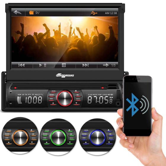 Imagem de DVD Player Automotivo Quatro Rodas MTC6617 1 Din 7" Retrátil Bluetooth USB MicroSD AUX FM MP3 WMA