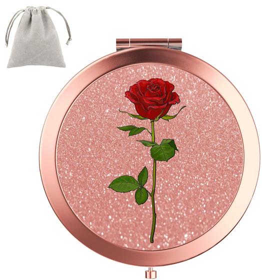 Imagem de Dynippy Espelho Compacto Redondo Rosa Ouro 2 x 1x Espelho de Maquiagem de Ampliação para Bolsas e Viagem Dobrável Mini Espelho de Bolso Mão Portátil para Meninas Mulher Mãe - Rosa Vermelha