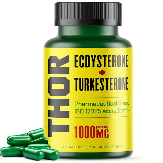 Imagem de Ecdisterona + Turkesterona 95%  1000MG suplemento  2X Mais (120 Cápsulas) Ciclodextrina Sintetizada em Laboratório para Absorção Máxima  Beta Ecdysterone, Ajuga Turkestanica Extrato * Turkestrone, Be Huge