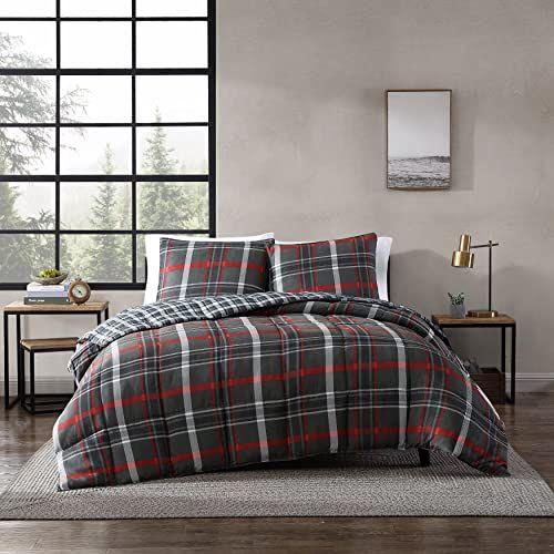 Imagem de Eddie Bauer - Conjunto Edredom King, Roupa de Cama Xadrez Reversível com Shams Correspondentes, Decoração para Ambientes Domésticos para Meses Mais Frios (Willow Dark Grey, King)