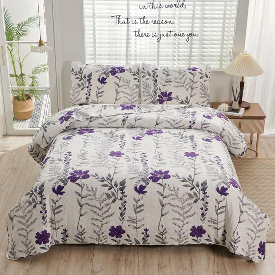 Imagem de Edredões de cama florais King Purple Grey Flower Colchas de folhas, colcha de flores respirável, capa de cama Bontanical, cobertor de microfibra macio, jardim, decoração de casa