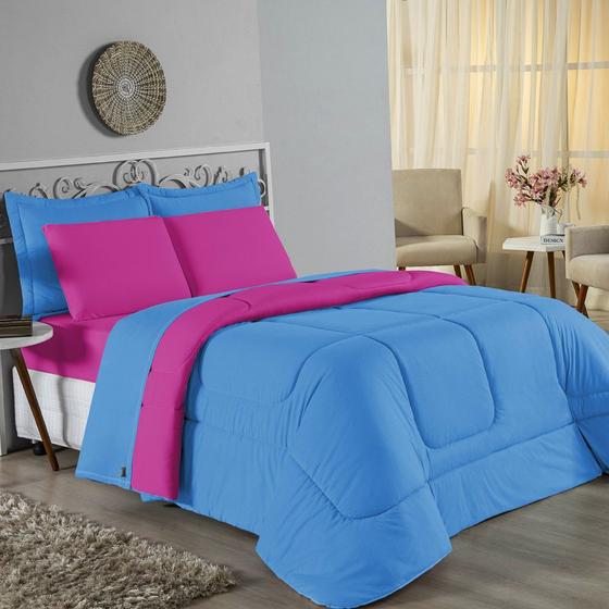 Imagem de Edredom Casal 100% Algodão Em Malha Fio 30/1 Dupla Face Kit 04 Peças - Pink Com Azul Turquesa