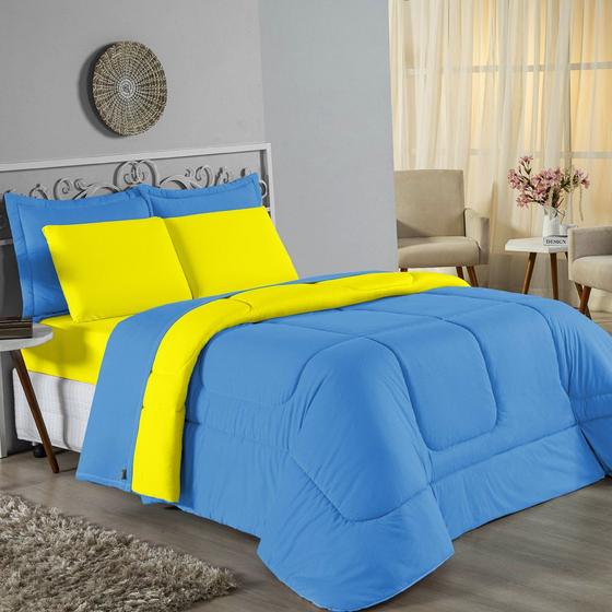 Imagem de Edredom Casal 100% Algodão Em Malha Fio 30/1 Dupla Face Kit 05 Peças - Amarelo Com Azul Turquesa