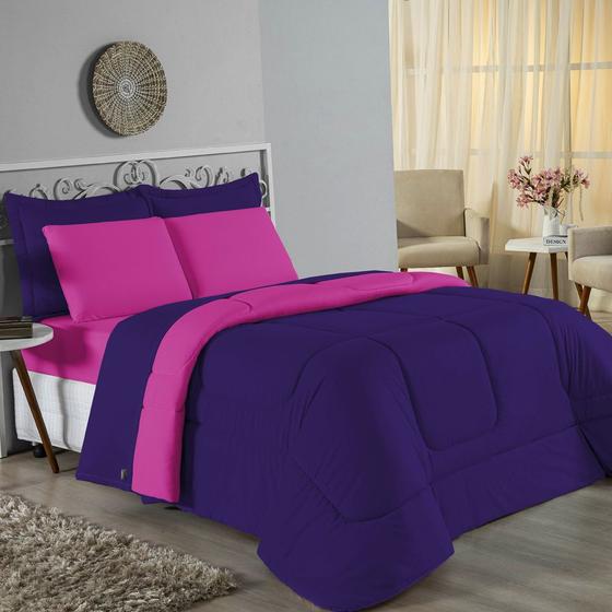 Imagem de Edredom Casal 100% Algodão Em Malha Fio 30/1 Dupla Face Kit 05 Peças - Pink  Com Roxo