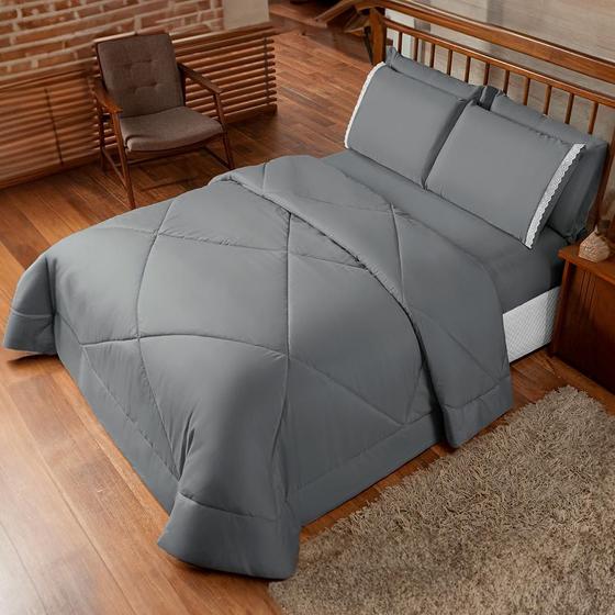 Imagem de Edredom Casal Queen Dupla Face + Jogo de Lençol Queen Size com Elastico Kit Colcha de Cama 6 Peças
