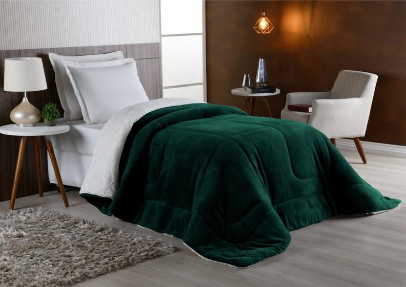 Imagem de Edredom Coberdom Solteiro Dupla Face 2.40m x 1,60m Sherpa com Manta - Verde