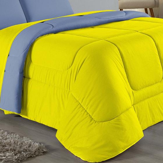 Imagem de Edredom Dupla Face King Size 100% Algodão Em Malha Fio 30/1 - Amarelo Com Azul Claro