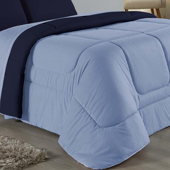 Imagem de Edredom Dupla Face King Size 100% Algodão Em Malha Fio 30/1 - Azul Claro Com Azul Marinho