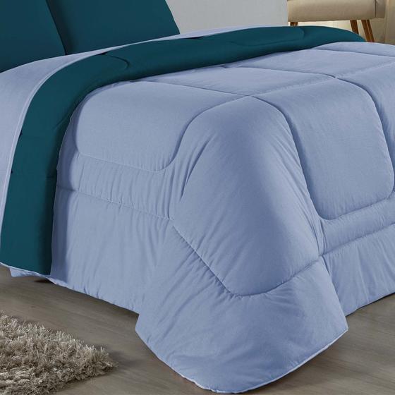 Imagem de Edredom Dupla Face King Size 100% Algodão Em Malha Fio 30/1 - Azul Claro Com Azul Petróleo