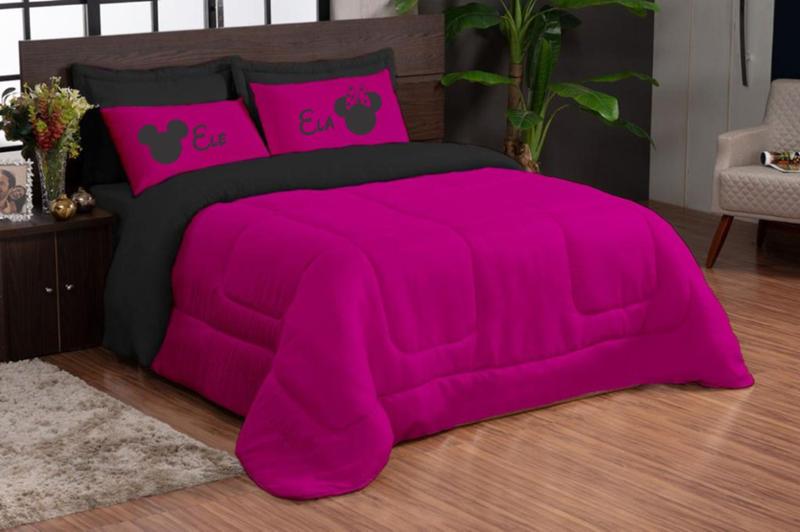 Imagem de edredom estampado casal padrao dupla face ele/ela pink preto 05 peças