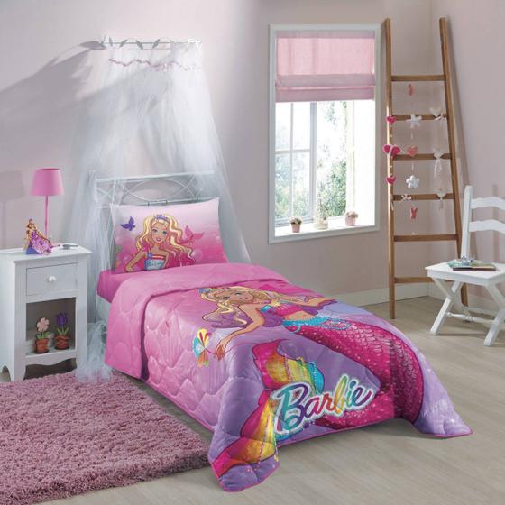 Imagem de Edredom Infantil Barbie Arco Íris Algodão 1 Peça 210cmx150cm Lepper Rosa