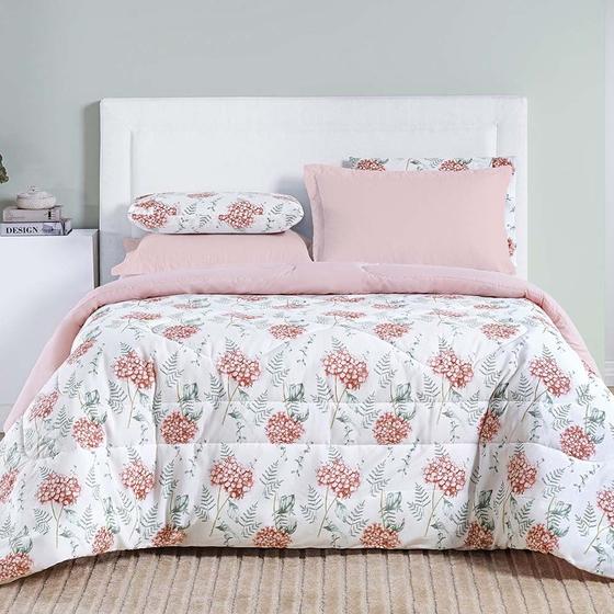 Imagem de Edredom Maggy Dupla Face Queen 1 Peça Percale 200 Fios Estampado - Hortencia Floral Rosa