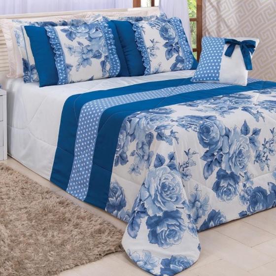 Imagem de Edredom Queen 07 Peças Com Porta Travesseiro Floral Azul