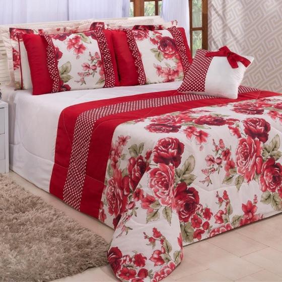 Imagem de Edredom Queen 07 Peças Com Porta Travesseiro Floral Vermelho